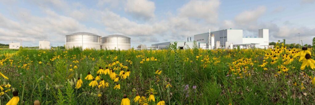 Valent BioSciences Osage manufacturing plant behind a field of native prairie flowers